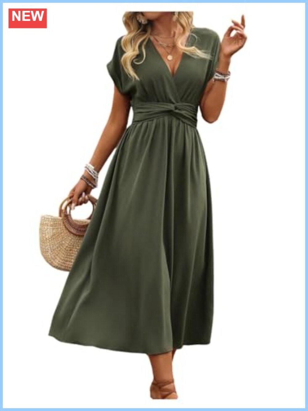 Women's Wrap V Neck Short Sleeve Flowy Midi A-Line Ruched Dress
